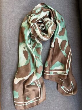 Vintage Franco Ferraro Brown & Teal Pattern Silk Scarf Animal Print Shawl Wrap